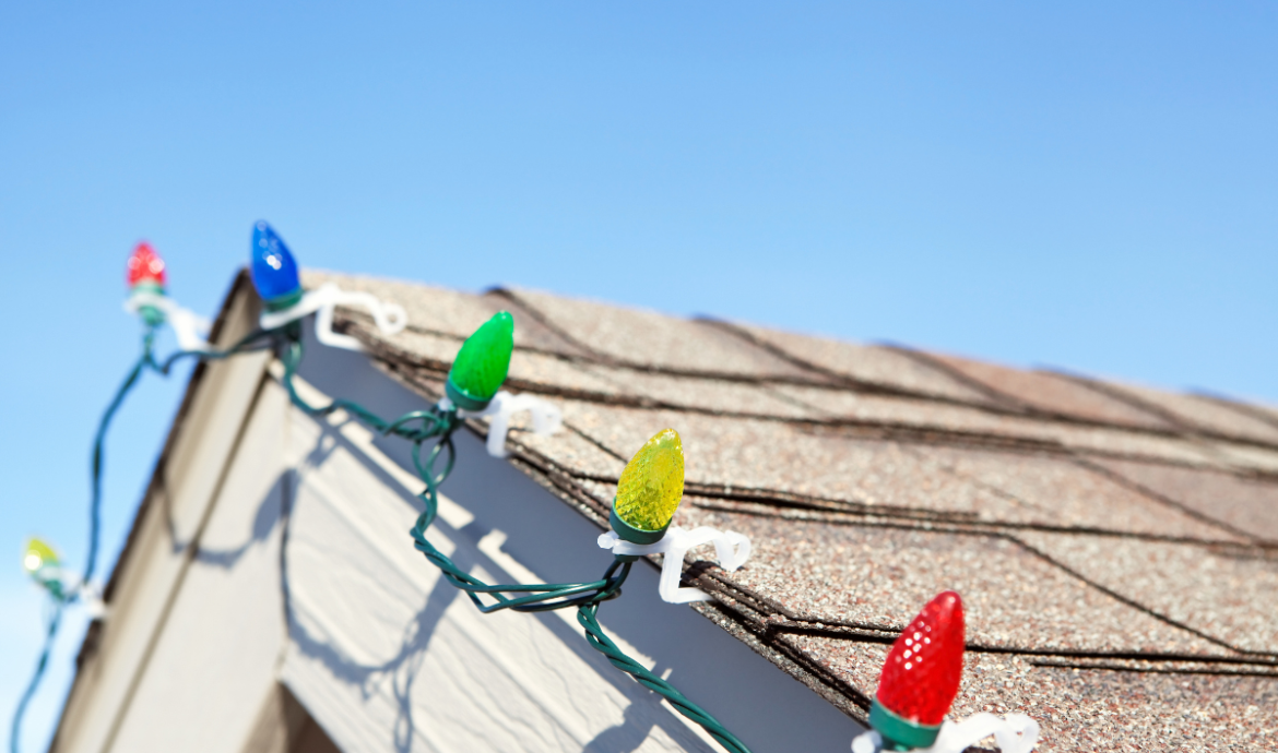 christmas lights clipped to shingles